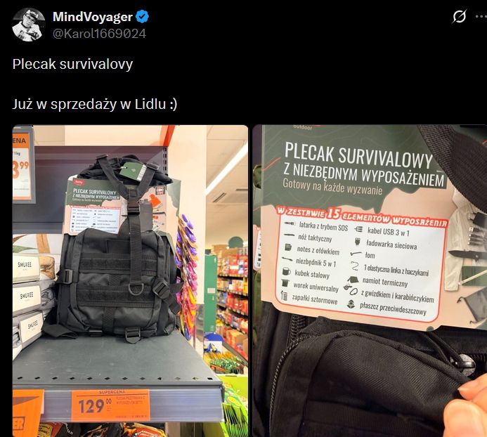 Plecaki survivalowy na półce w Lidlu