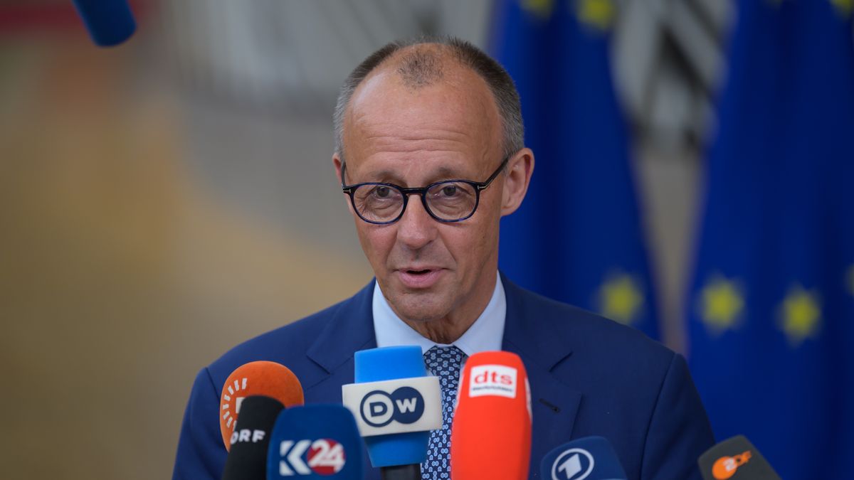 German Chancellor Friedrich Merz talks to the press as he arrives for the summit. EU leaders meet in Brussels, Belgium, on June 26, 2025, to discuss geoeconomic challenges and the ongoing developments in Ukraine and the Middle East. (Photo by Jonathan Raa/NurPhoto via Getty Images)