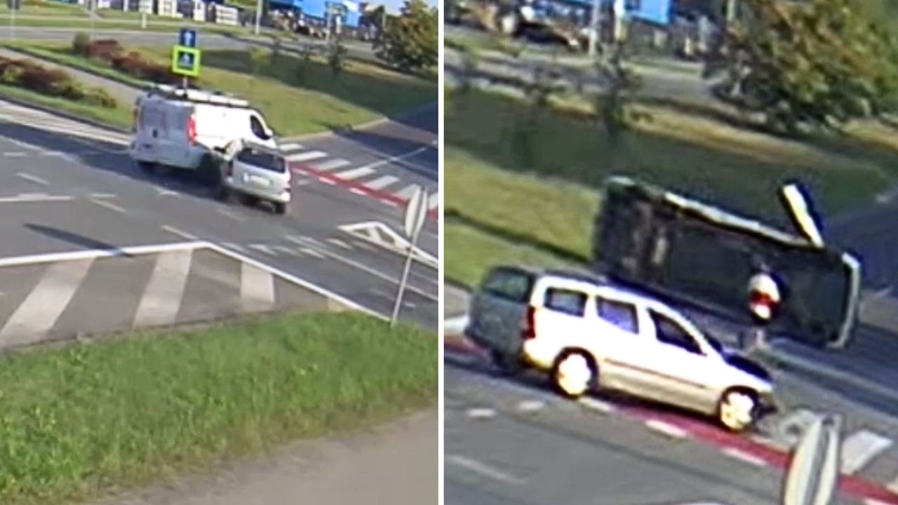 Groźny wypadek na rondzie. Bus przewrócił się na bok