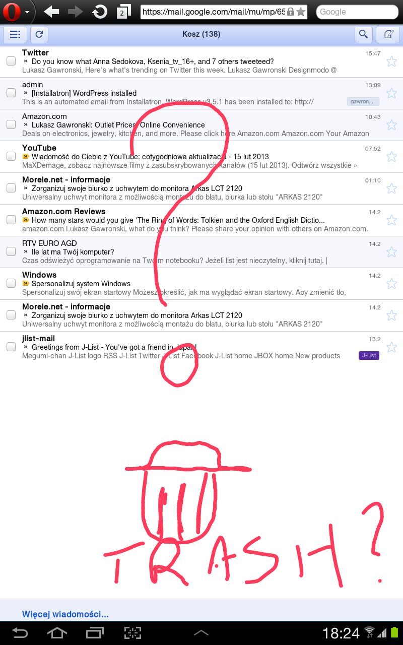 40 dni z tabletem Samsunga - Gmailu Y U No Del Trash - Screen zrobiony i wrzucony z tabletu