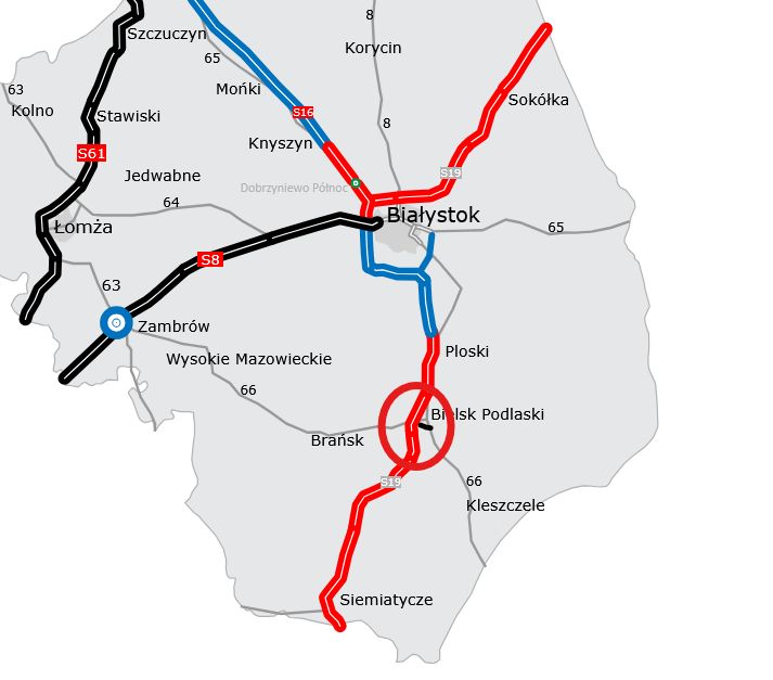 Budowana droga S19 w woj. podlaskim (na czerwono), a w kółku