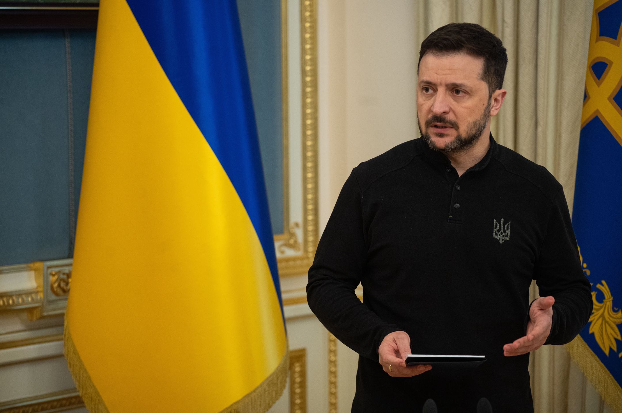 KYIV, UKRAINE - MARCH 28: Ukrainian President Volodymyr Zelenskyy talks about the progress of peace talks, about the monitoring of the ceasefire in the Black Sea and about the minerals deal in Kyiv, Ukraine on March 28, 2025. (Photo by Danylo Antoniuk/Anadolu via Getty Images)