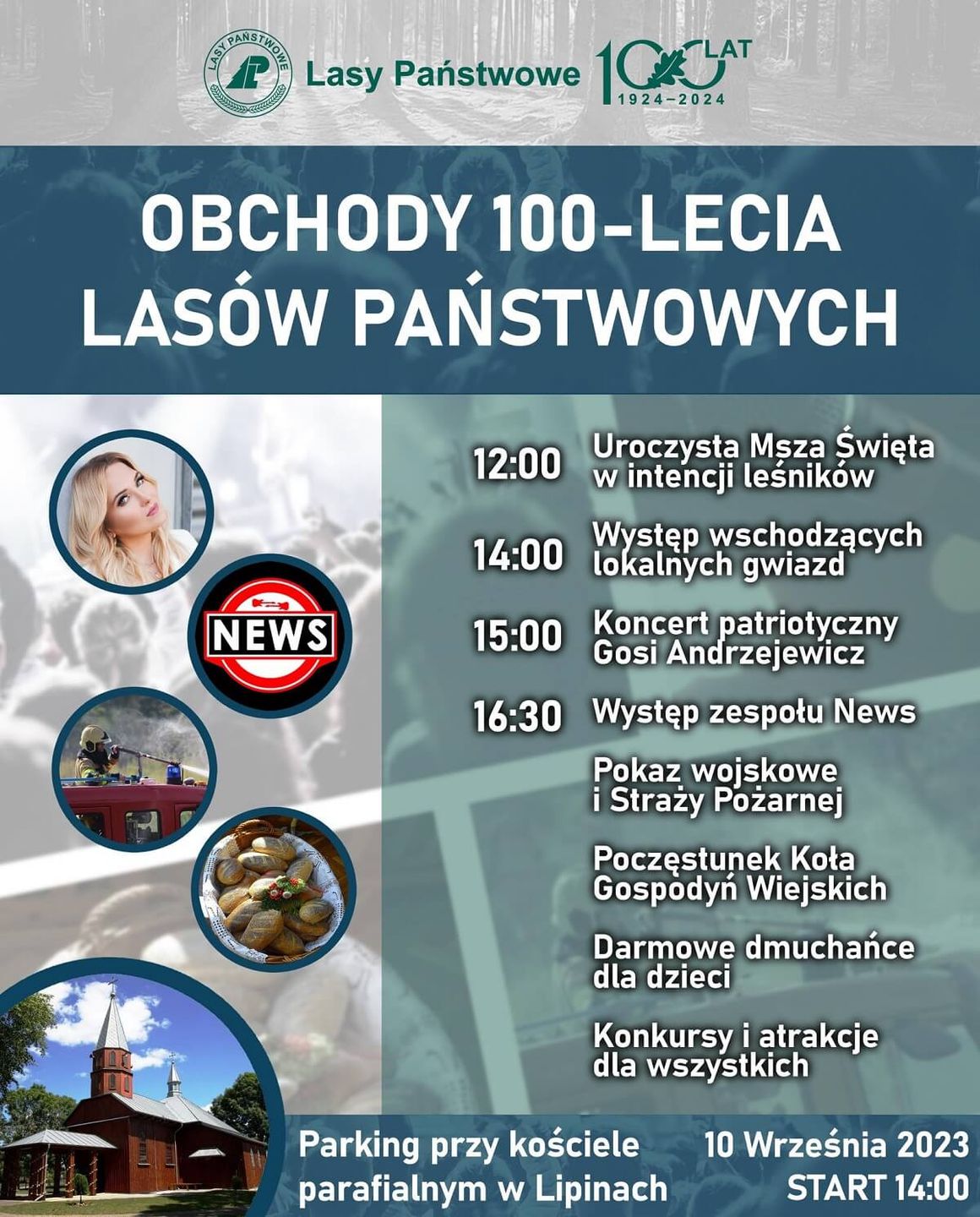Obchody 100-lecia Lasów Państwowych w Lipinach 2023 - plakat, program wydarzenia