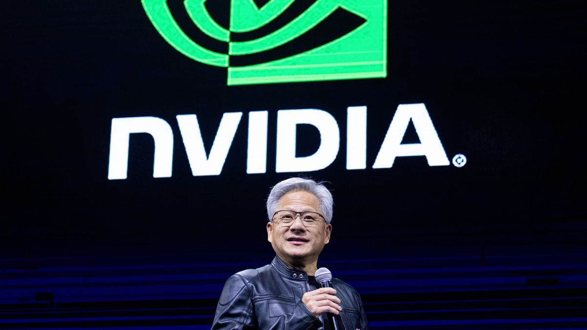 Jensen Huang, co-founder and chief executive officer of Nvidia Corp., during the Computex conference in Taipei, Taiwan, on Tuesday, May 20, 2025. Computex kicked off Monday in Taipei, and as in years past will draw industry chieftains from and Huang Qualcomm Inc.'s Cristiano Amon to Young Liu of Foxconn, which makes the bulk of the world's iPhones and Nvidia servers. Photographer: Annabelle Chih/Bloomberg via Getty Images