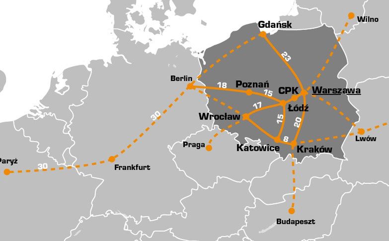 Planowany przebieg kolei Hyperloop w Polsce. Mapa z 2018 r. 