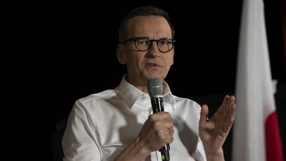 Prime Minister and Law and Justice member Mateusz Morawiecki is seen speaking to a crowd in Warsaw, Poland on 09 October, 2023. The PM tried to appeal to swing voters who are still on the fence about Sunday's elections. Thought the ruling Law and Justice (PiS) party is ahead in most polls they still do not posess a majority and may have to rely on smaller parties to form a majority coalition to beat their main opposition. (Photo by Jaap Arriens/NurPhoto via Getty Images)