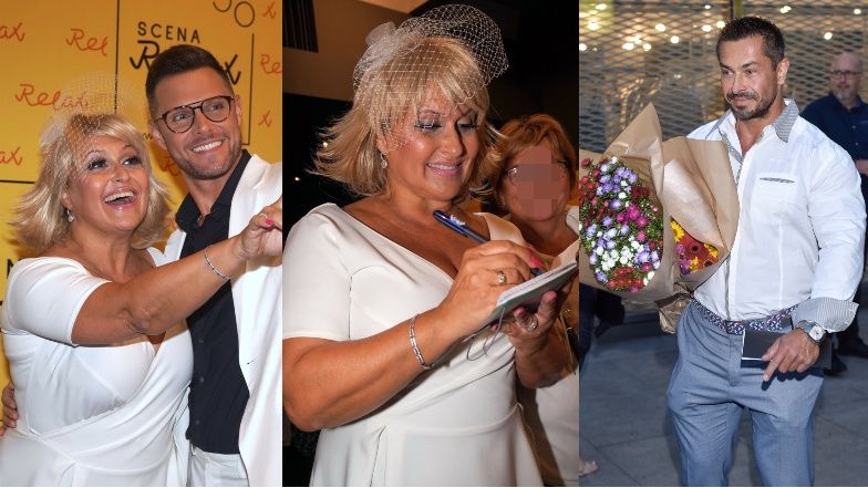 Mąż Katarzyny Skrzyneckiej z naręczami kwiatów czeka na partnerkę po premierze spektaklu