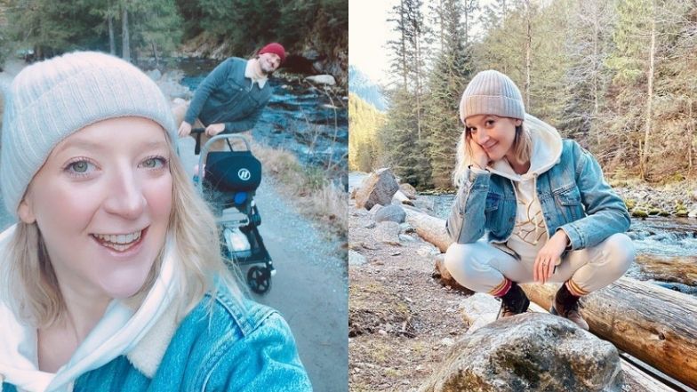 Lara Gessler spaceruje po górach z miesięczną córką