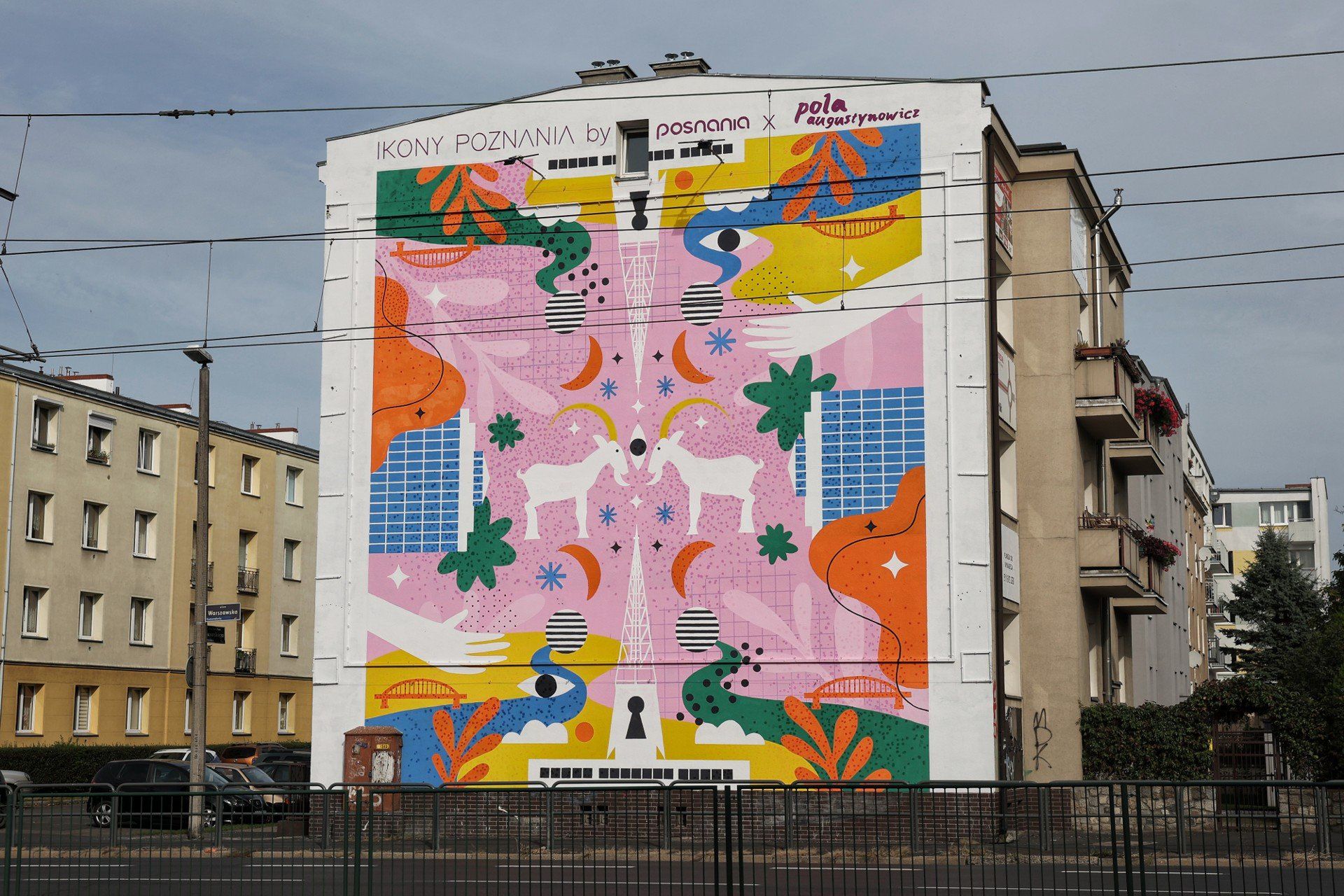 Mural przy Rondzie Środka w Poznaniu przedstawiający symbole miasta, którego autorką jest Pola Augustynowicz