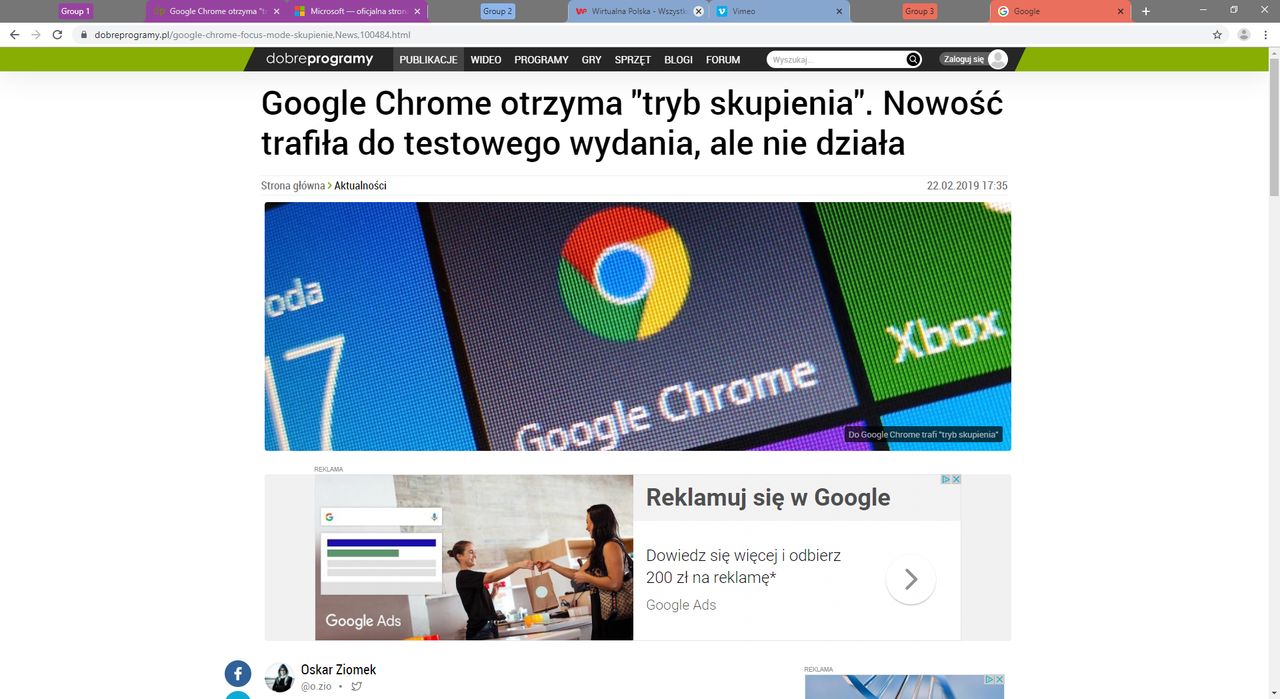 Google Chrome Canary i pogrupowane karty na górnym pasku.