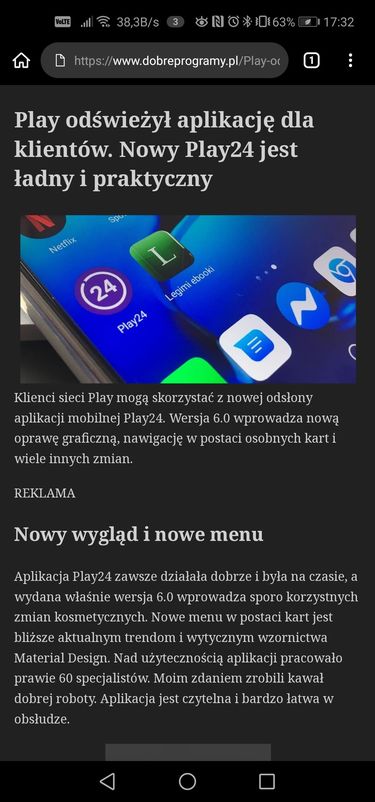 Widok uproszczony artykułu w Kiwi Browser