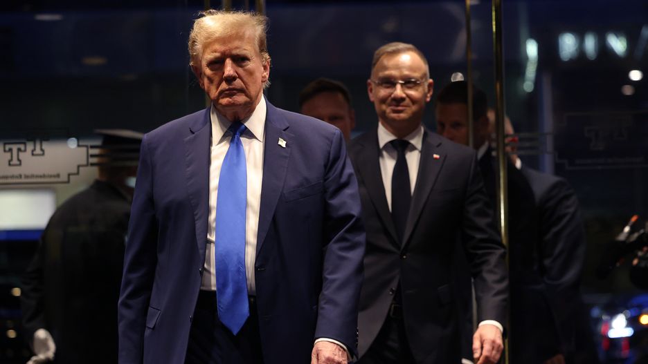 NEW YORK, NEW YORK - APRIL 17: Republican presidential nominee, former President Donald Trump leads Polish President Andrzej Duda as he arrives at Trump Tower on April 17, 2024 in New York City. Trump met with President Duda, a strong supporter of Ukraine, as European and NATO leaders prepare for the possibility that Trump wins the November presidential election and returns to the White House. The meeting comes on an off day in Trump's criminal trial.  (Photo by Michael M. Santiago/Getty Images)