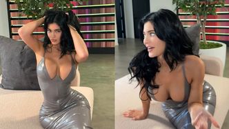 Wydekoltowana Kylie Jenner wygina się na kanapie. Do twarzy jej w srebrnym lateksie?