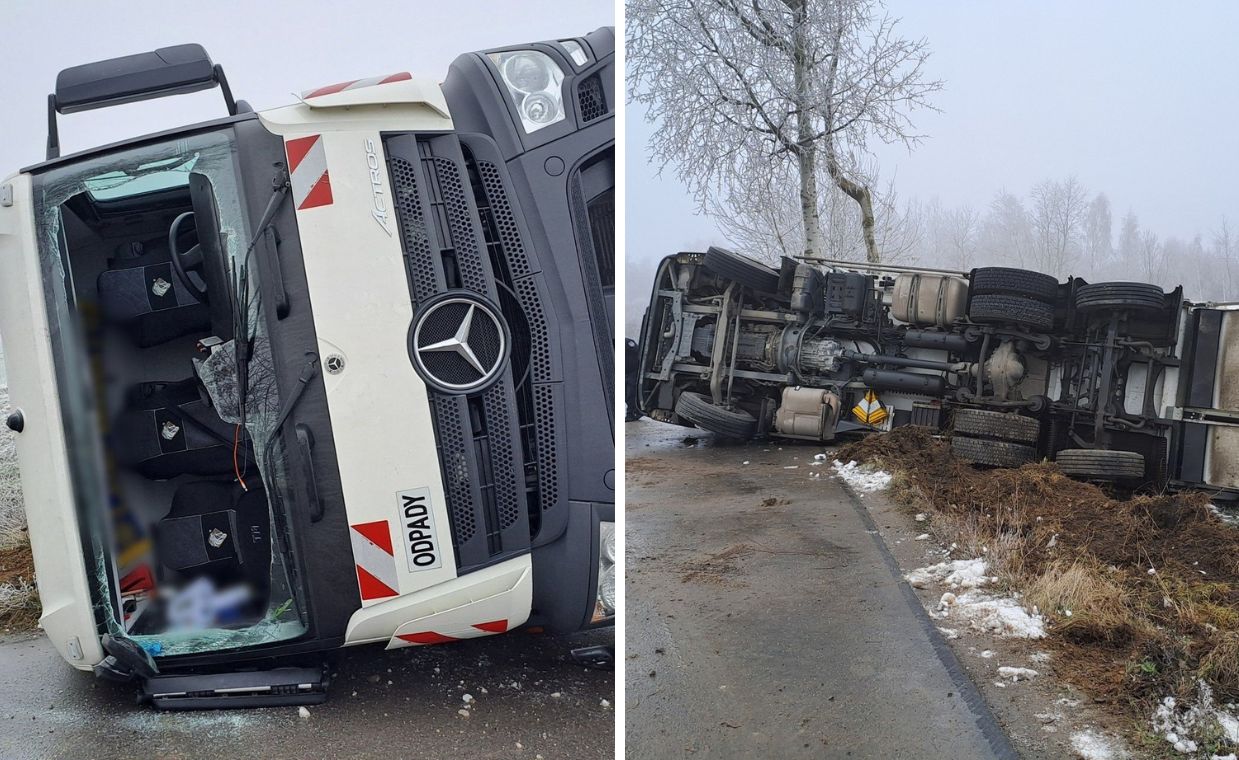 Stracił panowanie nad śmieciarką. Kierowca zakleszczony w kabinie