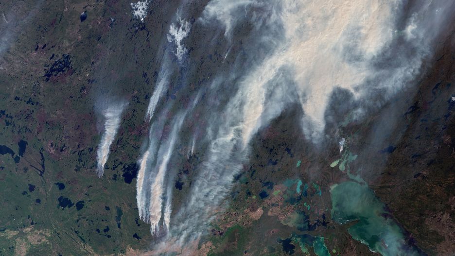 CANADA - 26 MAY 2025: Massive fires are sweeping across Saskatchewan, triggering evacuations in areas like Little Bear Lake, Whiteswan, Whelan Bay, and Piprell Lake. This satellite view captures thick smoke blanketing the region as emergency crews battle multiple blazes, highlighting the intensity of Canada's wildfire season. Imaged 26 May 2025. (Photo by Gallo Images/Orbital Horizon/Copernicus Sentinel Data 2025)