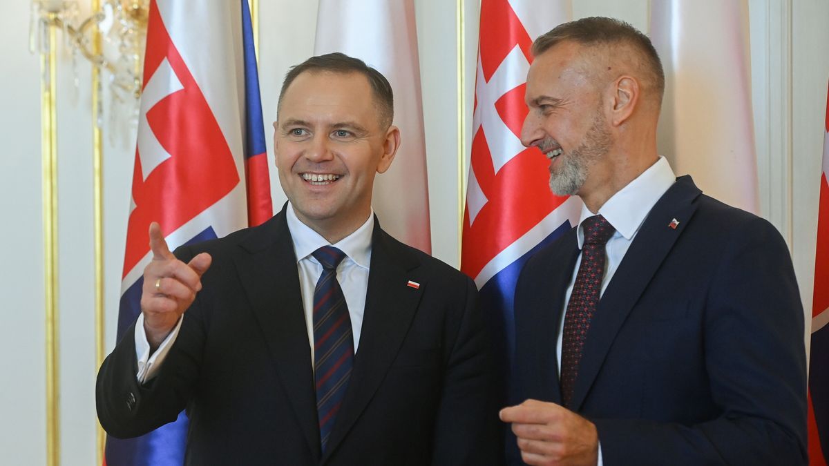 Bratysława, Słowacja, 05.11.2025. Prezydent RP Karol Nawrocki (L) oraz przewodniczący Zgromadzenia Narodowego Republiki Słowackiej Richard Rasi (P) podczas spotkania w Bratysławie, 5 bm. Prezydent RP przebywa z jednodniową wizytą w Republice Słowacji. (ad) PAP/Piotr Nowak