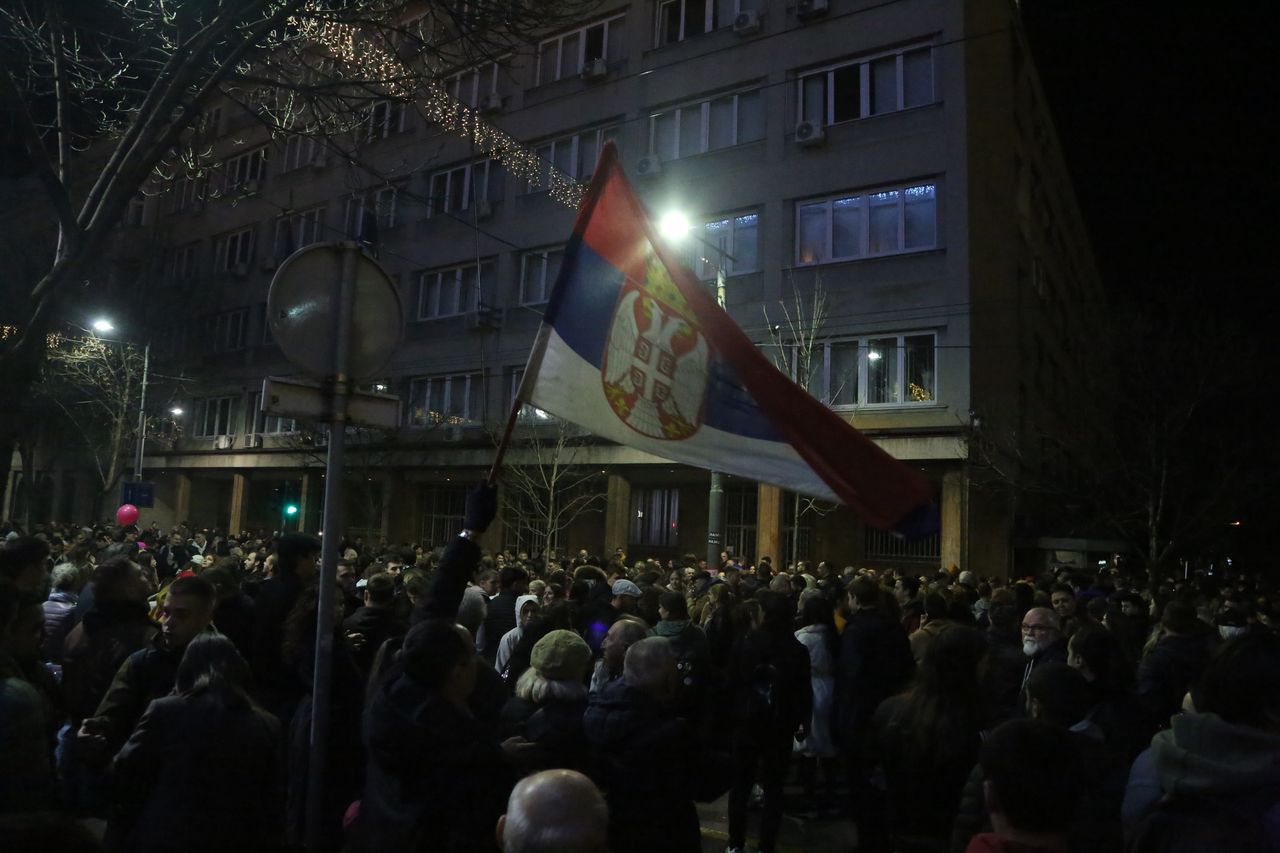 BELGRADE, SERBIA - DECEMBER 25: Citizens stage a protest outside the central election commission building to protest election results in Belgrade, Serbia on December 25, 2023. (Photo by Filip Stevanovic/Anadolu via Getty Images)