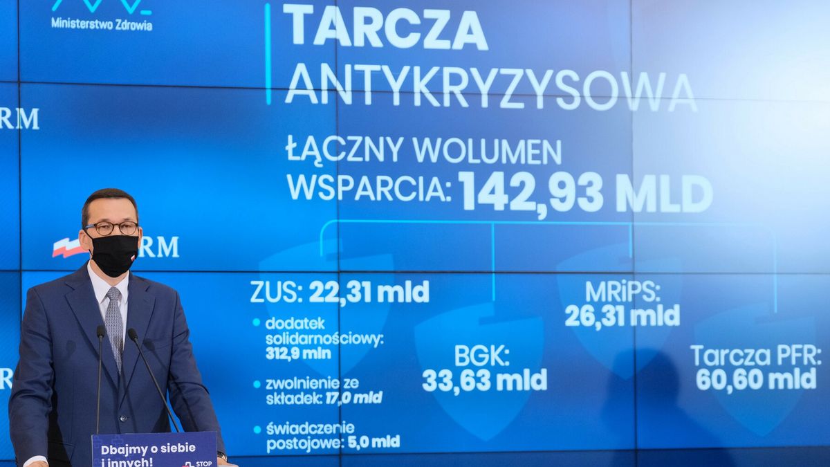 Konferencja premiera w październiku 2020 r. na temat wsparcia przygotowanego przez rząd w czasie pandemii. 