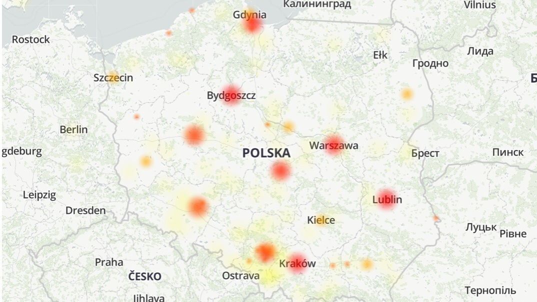 Mapa awarii Facebooka w Polsce. 
