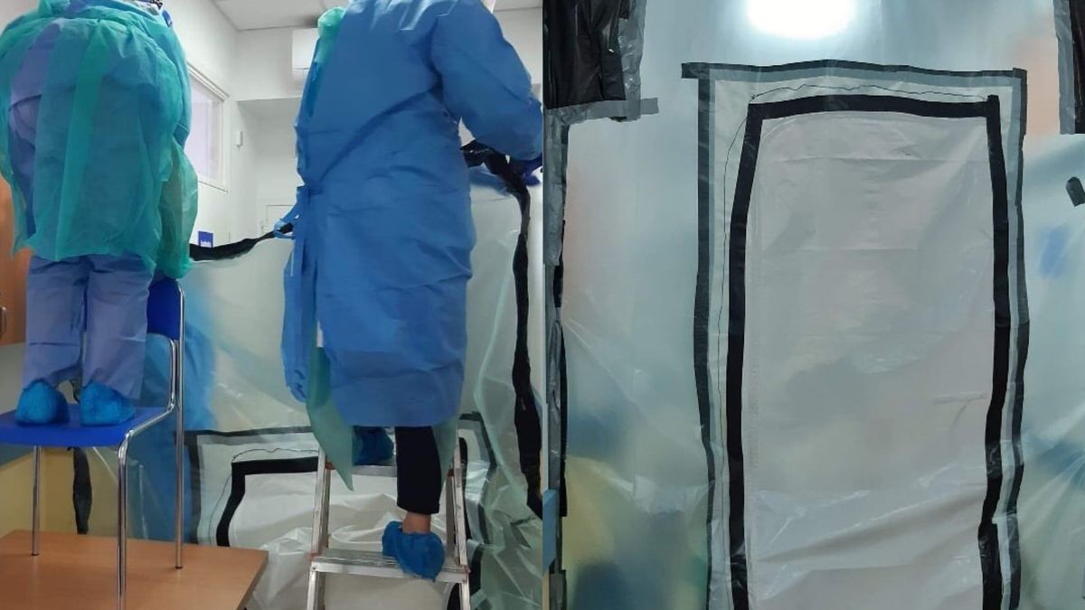 Taką "przegrodę" między strefą Covid+ i Covid- w klinice Dzieciątka Jezus na Lindleya w Warszawie zbudował personel medyczny.