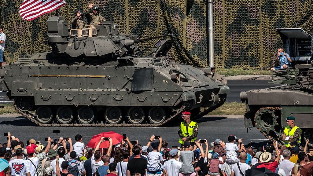 US soldiers drive battle tank during the Polish Army Day
WARSAW, MAZOWIECKIE, POLAND - 2025/08/15: US soldiers drive battle tank during the Polish Army Day Parade on Wislostrada in Warsaw. Poland marked Army Day with a grand military parade along Warsaw's Wisostrada, showcasing troops, equipment, and national pride in honor of its armed forces, as the NATO eastern flank country pushes to raise its military spending to 5% of GDP. (Photo by Dominika Zarzycka/SOPA Images/LightRocket via Getty Images)
SOPA Images
amored, allies, american, east flank, army day, soldier, battle tank, wislostrada, march, drive, soldiers, polish army day