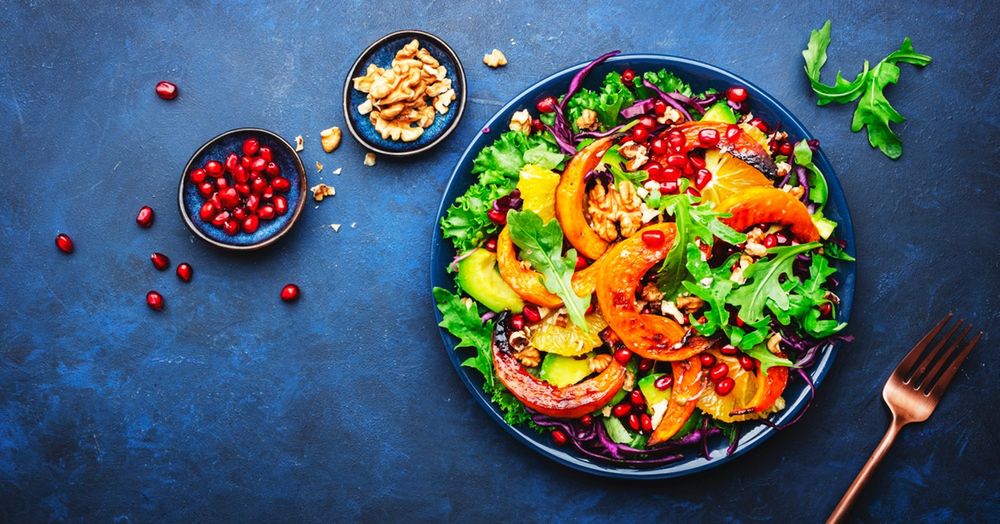 Autumn,Pumpkin,Salad,With,Caramelazed,Pumpkin,Slices,,Red,Cabbage,,Avocado,
lunch,cabbage,salad,nut,squash,slice,pomegranate,arugula,avocado,butternut,lettuce,dish,appetizer,baked,autumn,colorful,seed,seasonal,recipe,yellow,winter,plate,bowl,vegetable,herbs,vegetarian,eat,grilled,cooking,diet,green,top view,restaurant,cuisine,vegan,leaf,dinner,food,meal,orange,walnut,sliced,blue,healthy,thanksgiving,roasted,fresh,sweet,pumpkin