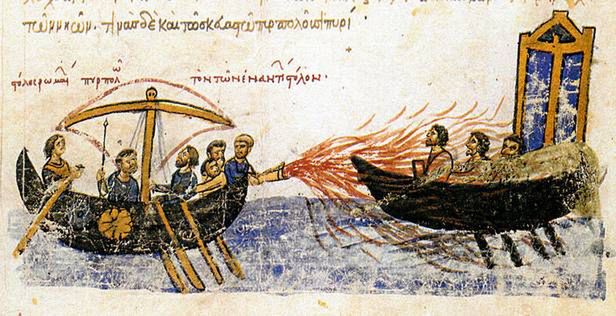 Jedna z nielicznych rycin, przedstawiających zastosowanie ognia greckiego