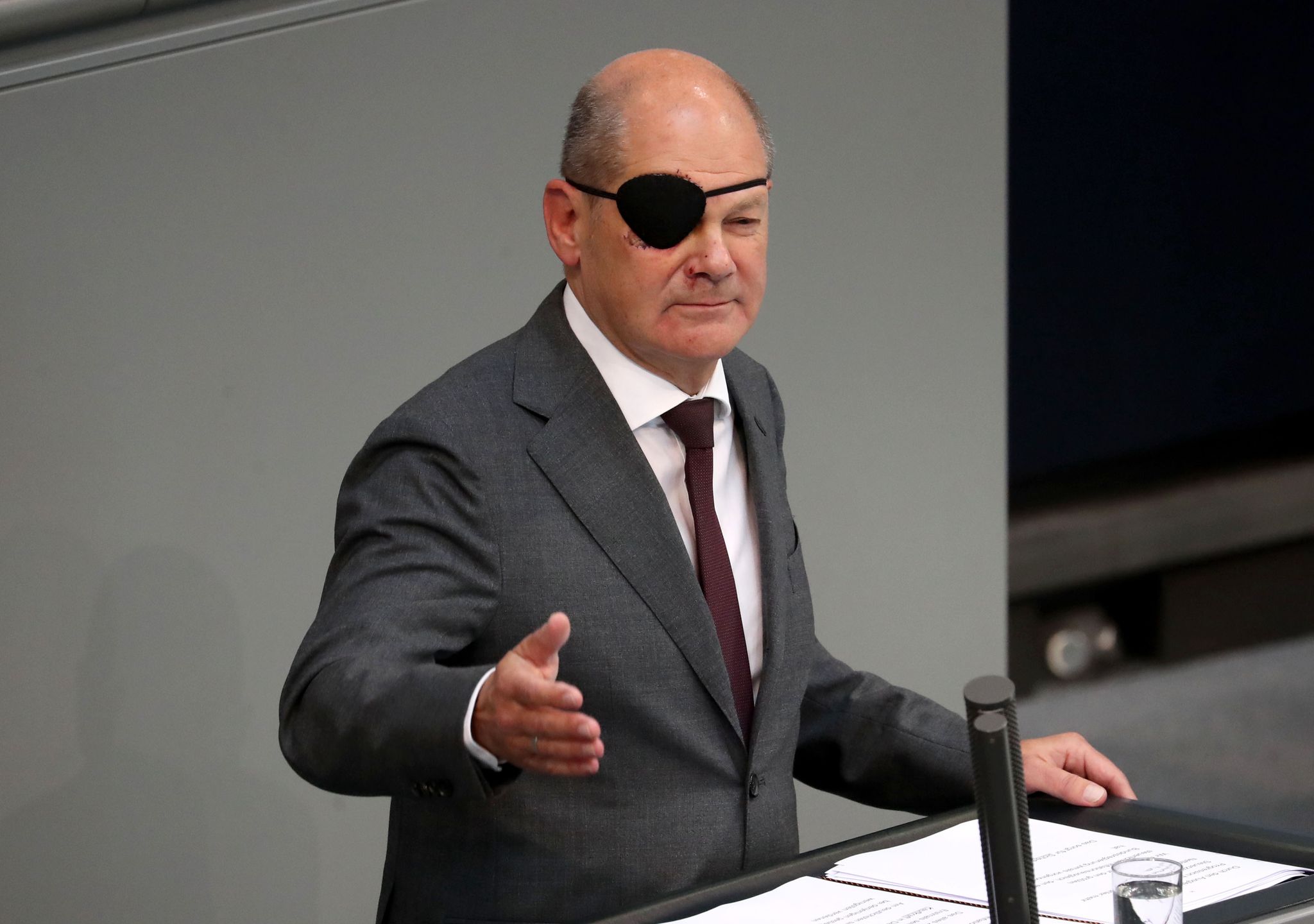 BERLIN, GERMANY - SEPTEMBER 06: German Chancellor Olaf Scholz gives a speech during a meeting about budget negotiations at the German Federal Parliament (Bundestag) in Berlin, Germany on September 06, 2023. Scholz fell while jogging on Saturday, and sustained bruises to his face. (Photo by Cuneyt Karadag/Anadolu Agency via Getty Images)