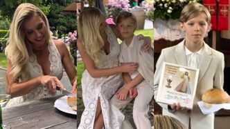 Karolina Pajączkowska w sukni z dekoltem świętowała z synem jego pierwszą komunię świętą. "Nie wstydzimy się naszej wiary"