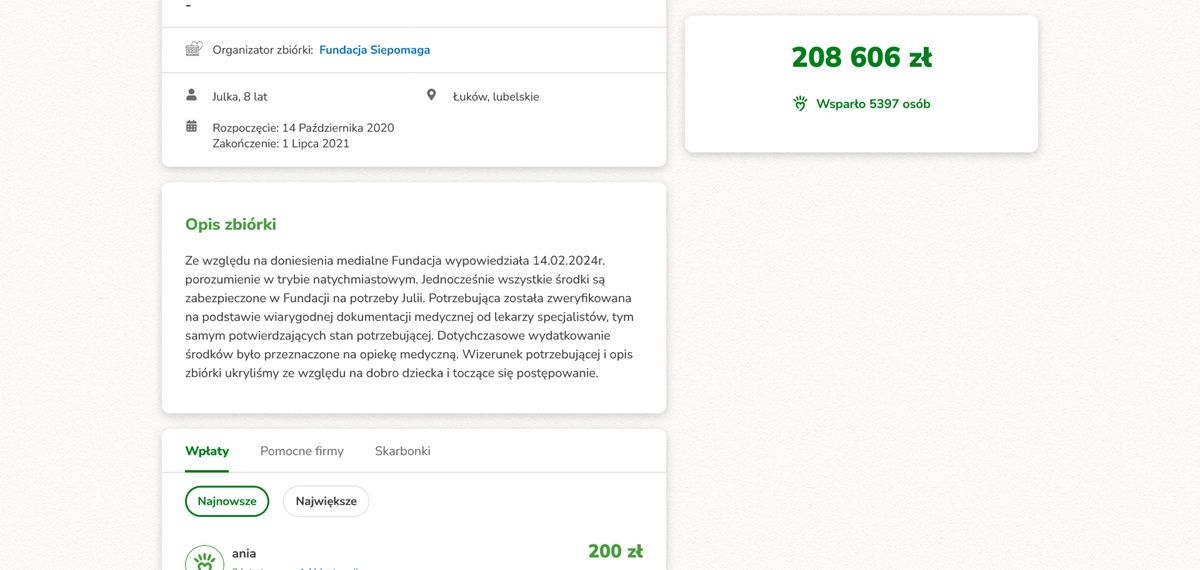 Zakończona zbiórka na leczenie Julii