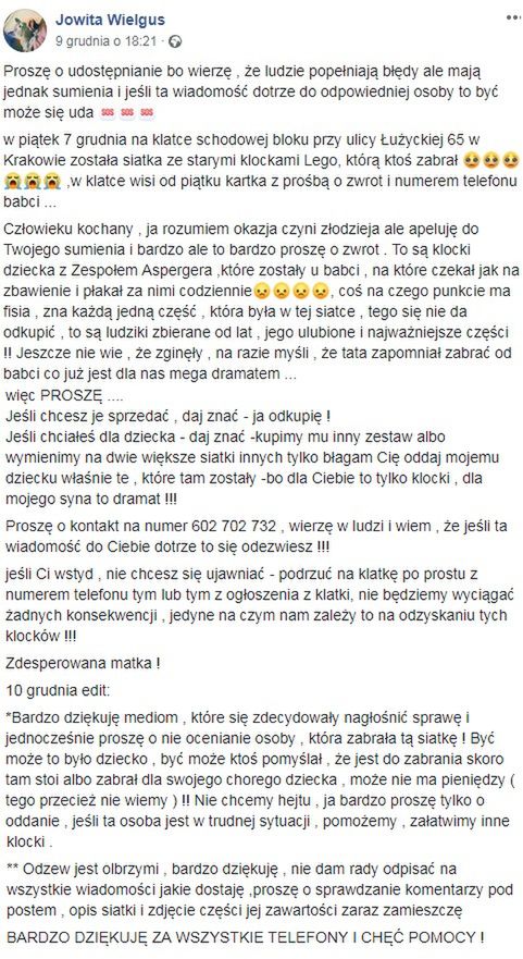 Rodzice Marcelka apelują o zwrot klocków