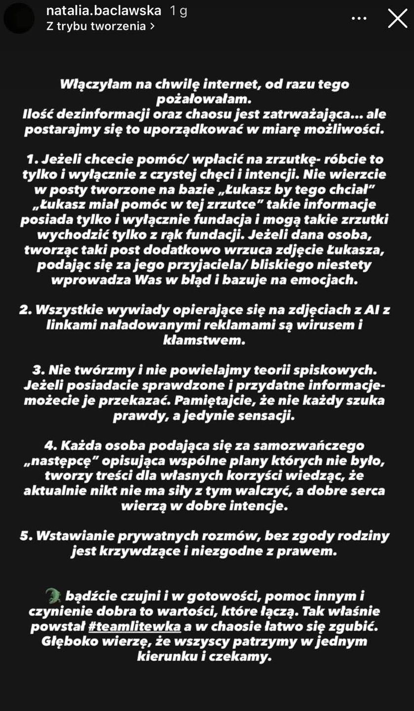 Wpis Natalii Bacławskiej na Instagramie
