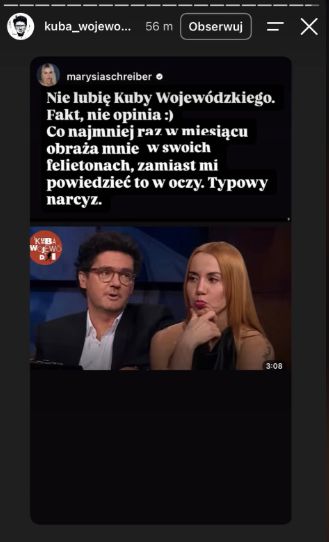 Marianna Schreiber dodała post na temat Kuby Wojewódzkiego, a ten to udostępnił