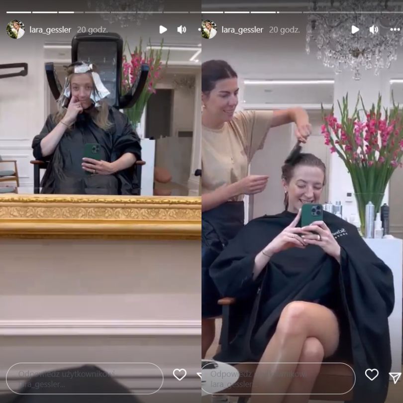 Lara Gessler eksponuje ciążowy brzuch u fryzjera