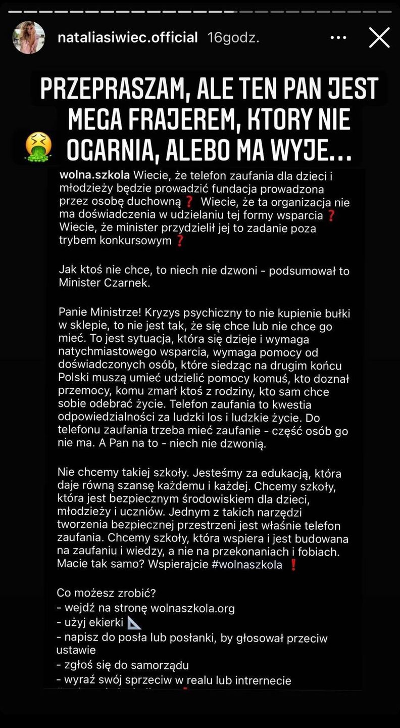Natalia Siwiec uderza w ministra Czarnka