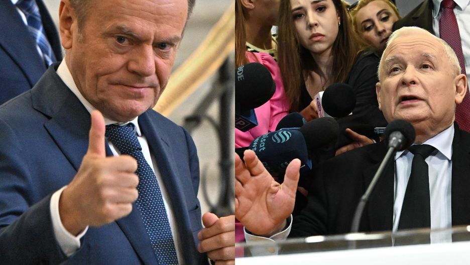 Po lewej Tusk, po prawej Kaczyński po posiedzeniu komisji, na której odpowiadał pytania jako świadek