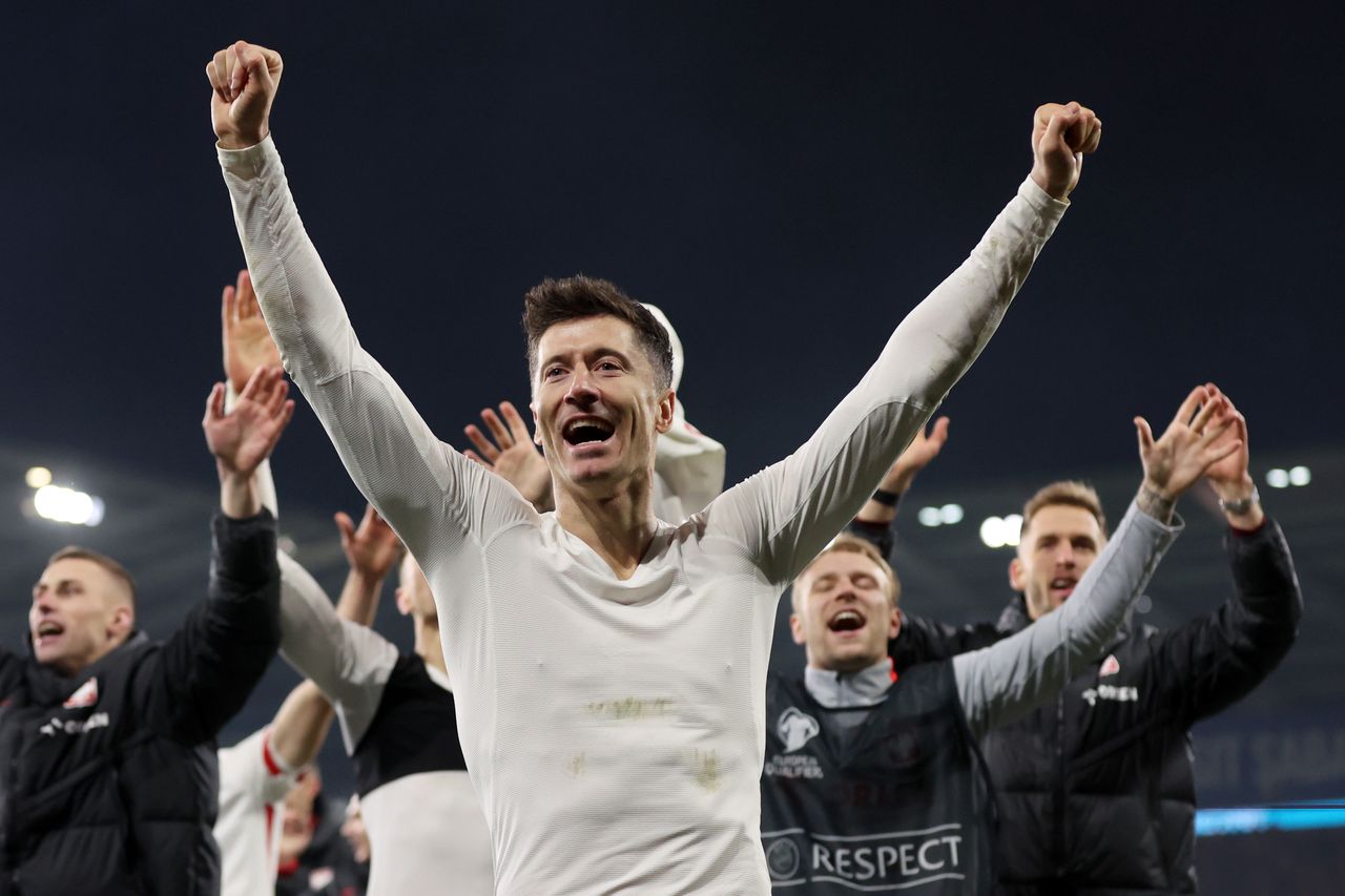 CARDIFF, WALES - MARCH 26: Robert Lewandowski of Poland celebrates victory in the penalty shoot out at full-time following the UEFA EURO 2024 Play-Offs Final match between Wales and Poland at Cardiff City Stadium on March 26, 2024 in Cardiff, Wales. (Photo by Jan Kruger - UEFA/UEFA via Getty Images)