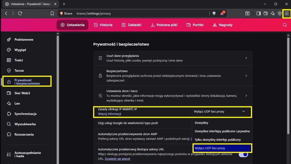 Ta opcja sprawia, że WebRTC nie używa połączeń, które mogą ujawnić Twój prawdziwy IP.