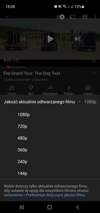 Ustawienia rozdzielczości filmów w aplikacji YouTube.