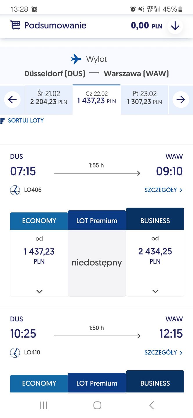 Zrzuty ekranu pokazujące ceny biletów