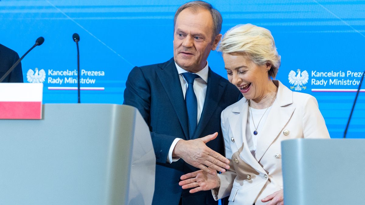 Prime Minister of Poland Donald Tusk, President of the European Commission Ursula von der Leyen, and Belgian Prime Minister Alexander De Croo are holding a press conference after a joint meeting at Prime Minister Donald Tusk's office in Warsaw, Poland, on February 23, 2024. (Photo by Andrzej Iwanczuk/NurPhoto via Getty Images)