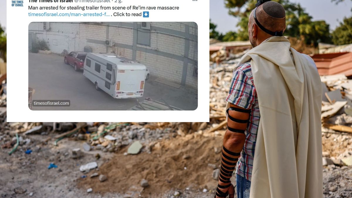 Mężczyzna modlący się w zniszczonym kibucu. 