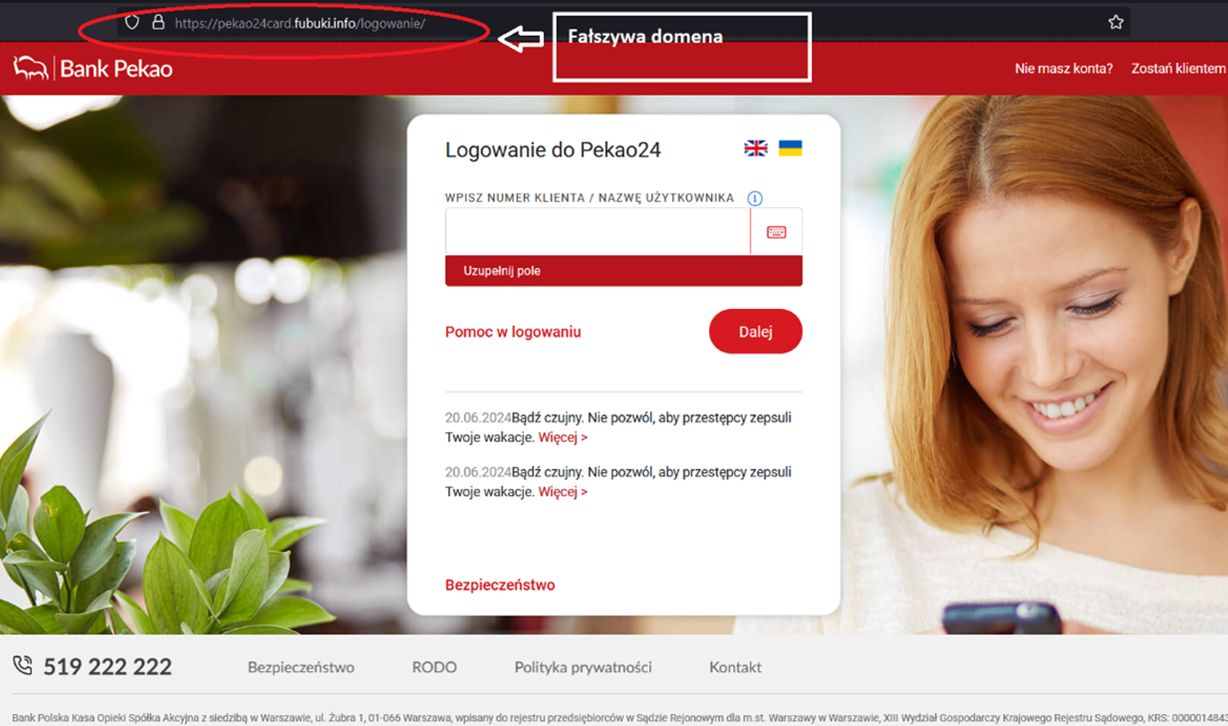 Fałszywa strona logowania do Pekao24