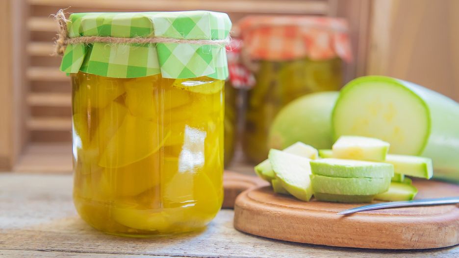 Preservation of zucchini. Squash like pineapple. Selective focus.