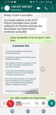 Przykład oszustwa "na OLX" z wykorzystaniem WhatsAppa