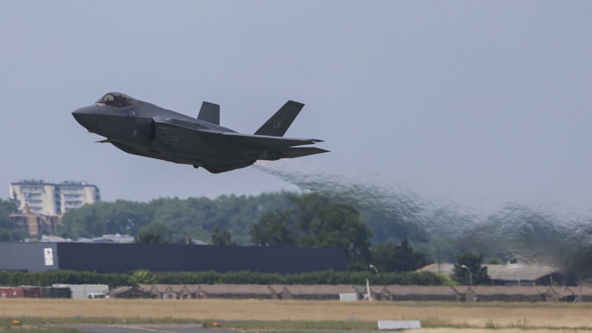 Lockheed Martin F-35 Lightning II At Paris Air Show 2025
Lockheed Martin F-35 Lightning II a fifth generation fighter jet during a flight demonstration at Paris Air Show 2025 at Le Bourget Airport. The F35 is a multirole combat aircraft, an American made single seat, single engine, supersonic stealth strike fighter designed for air superiority, strike missions, electronic warfare,  intelligence, surveillance and reconnaissance. The specific fighting jet belongs to the United States Air Force with serial number AF-350 and registration tail number 20-5590 assigned to the 495th Fighter Squadron (495 FS) of the 48th Fighter Wing (48 FW), stationed at RAF Lakenheath in England.. The variant of the military plane is the standard version, F-35A made for conventional takeoff and landing CTOL.  Paris, France on June 22, 2025 (Photo by Nicolas Economou/NurPhoto via Getty Images)
NurPhoto
5th generation, air show, maneuver, fighter, lockheed martin, blue sky, flight demonstration, f-35, united states air force, usaf