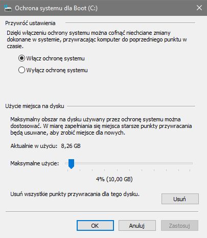 Ochrona systemu w Windows 10, czyli ustawienia punktów przywracania.