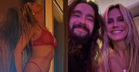 Przytulona do okna Heidi Klum zachwyca w czerwonej bieliźnie, pozując przed obiektywem młodszego o 17 lat męża