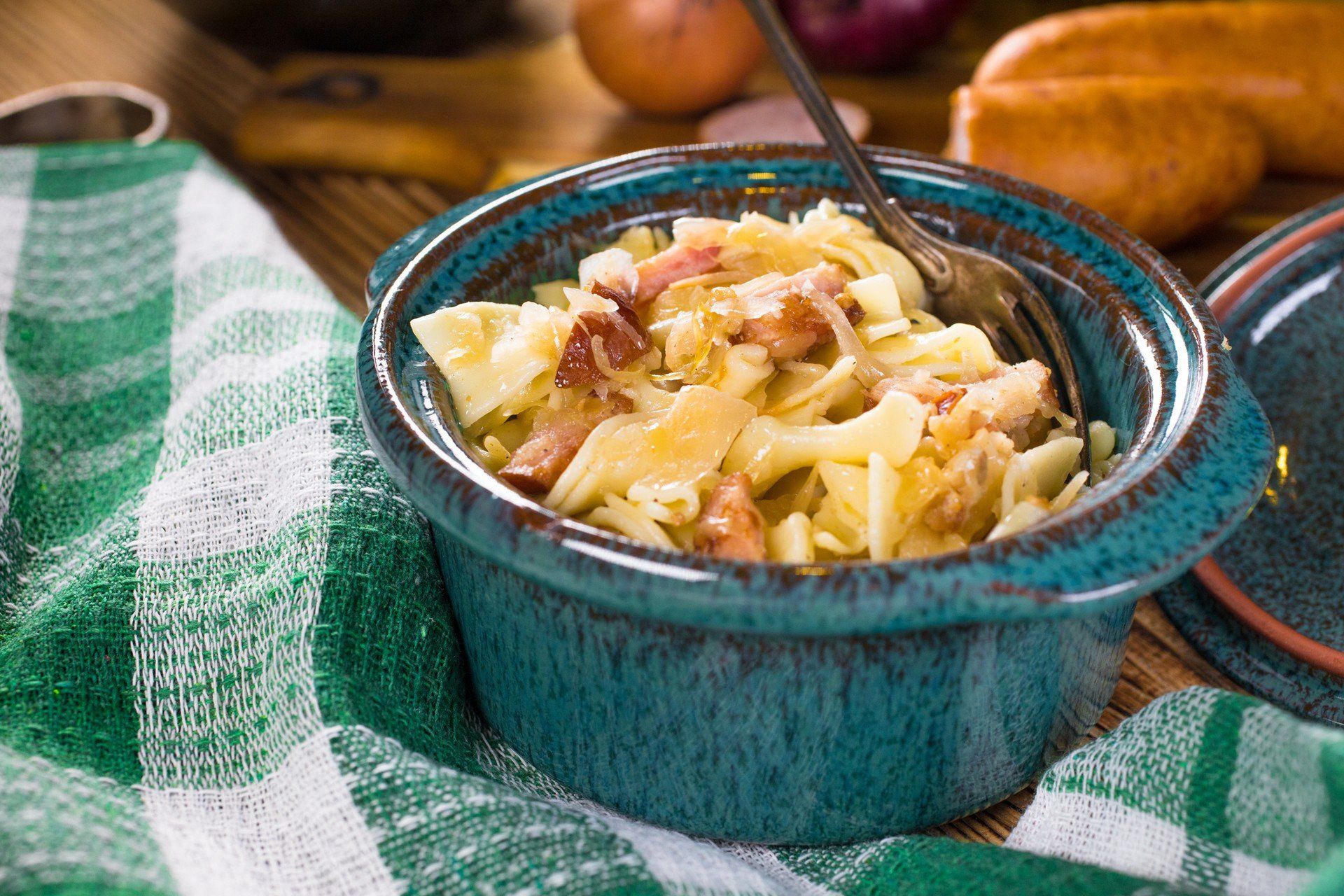 Pasta with sauerkraut and sausage.