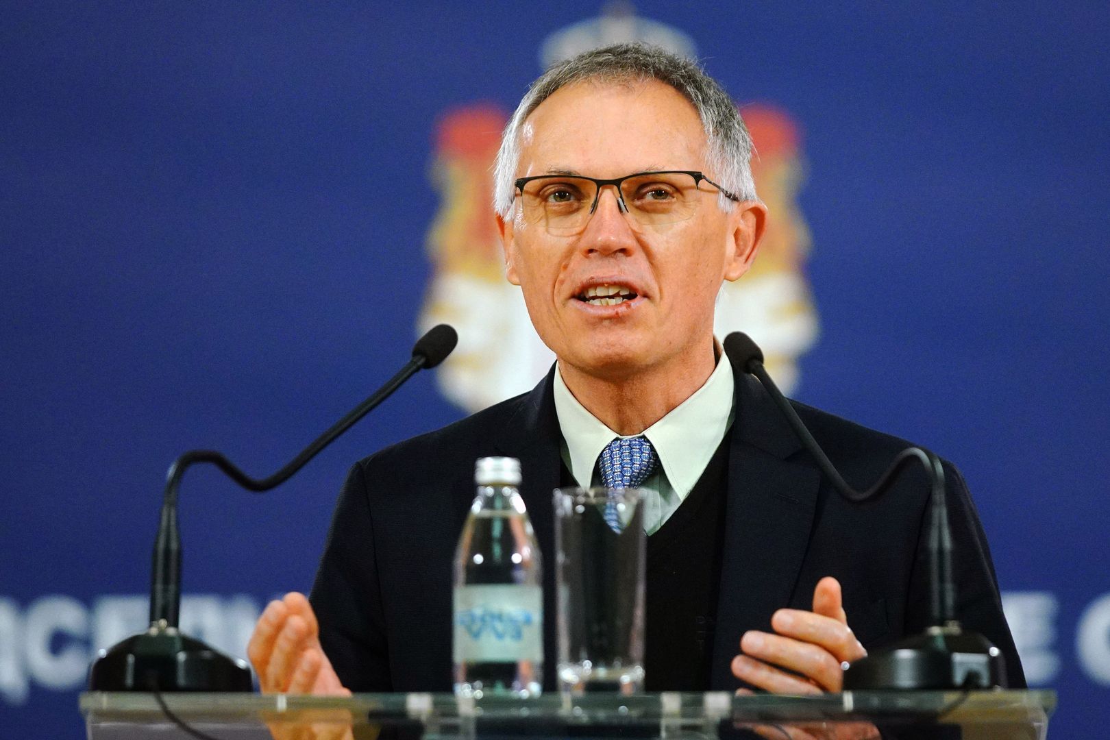 Carlos Tavares, chief executive officer of Stellantis NV, during a news conference with Serbia's President Aleksandar Vucic, not pictured, at the Presidential Palace in Belgrade, Serbia, on Thursday, April 28, 2022. Stellantis will invest EU 190 million ($200 million) to enable the production of a new electric vehicle in the country in the next two to three years, Vucic said. Photographer: Oliver Bucic/Bloomberg via Getty Images